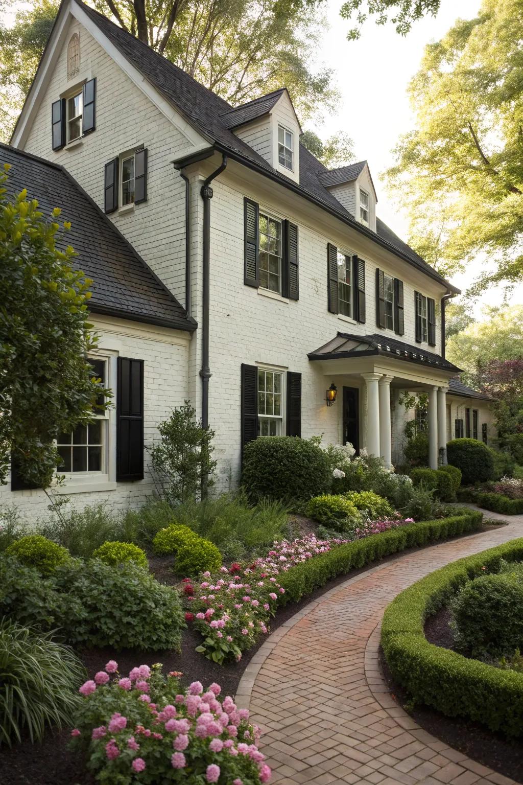 A traditional home featuring white brick and contrasting black shutters.