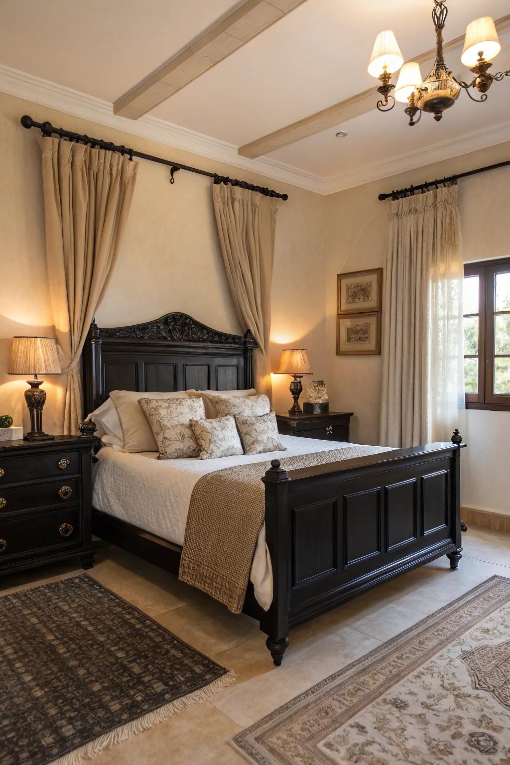 A cozy bedroom with black furniture and inviting beige accents.