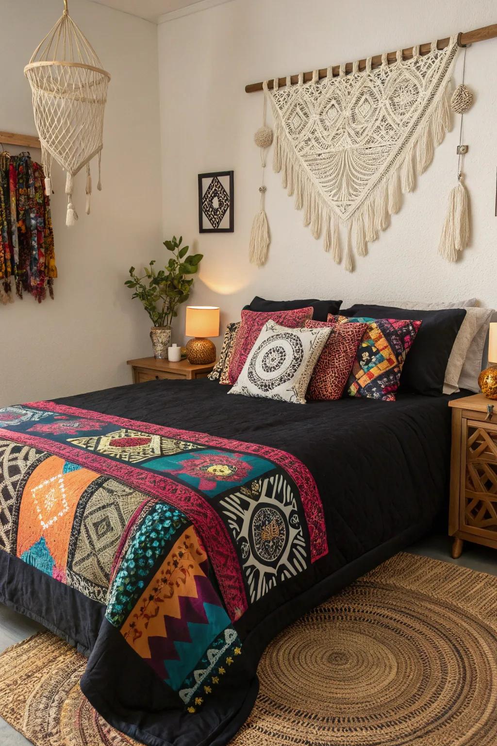 A boho chic bedroom with layered textures and vibrant colors.