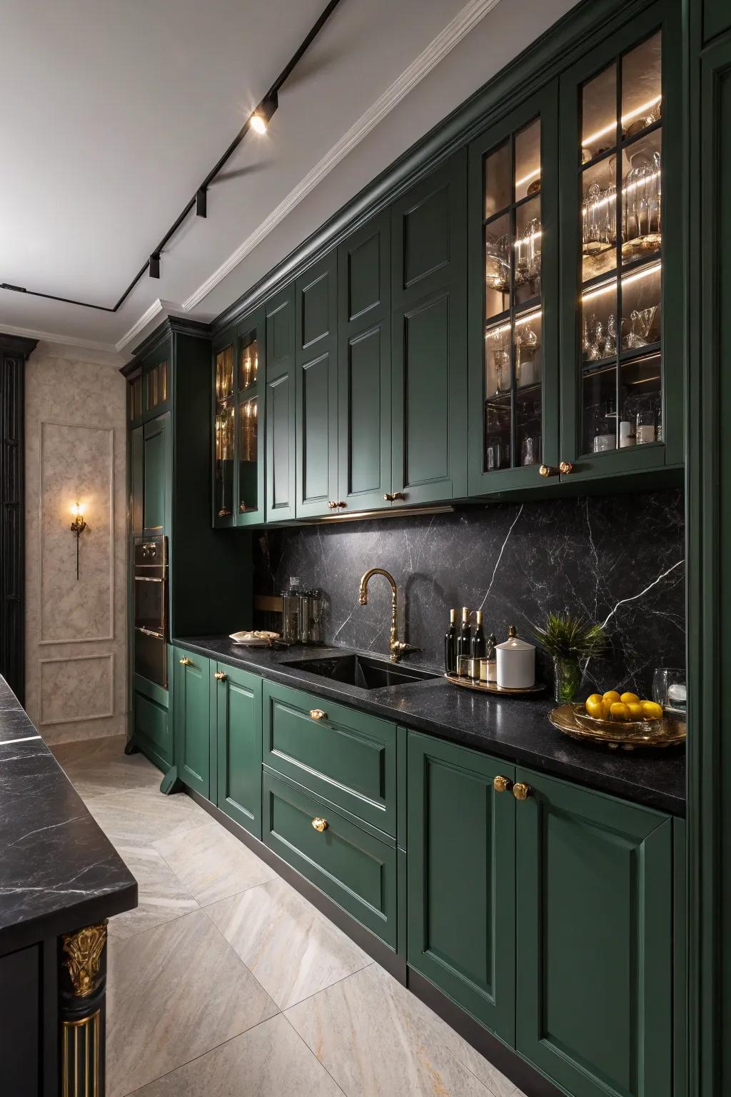 Deep green cabinets with black countertops for a bold statement.