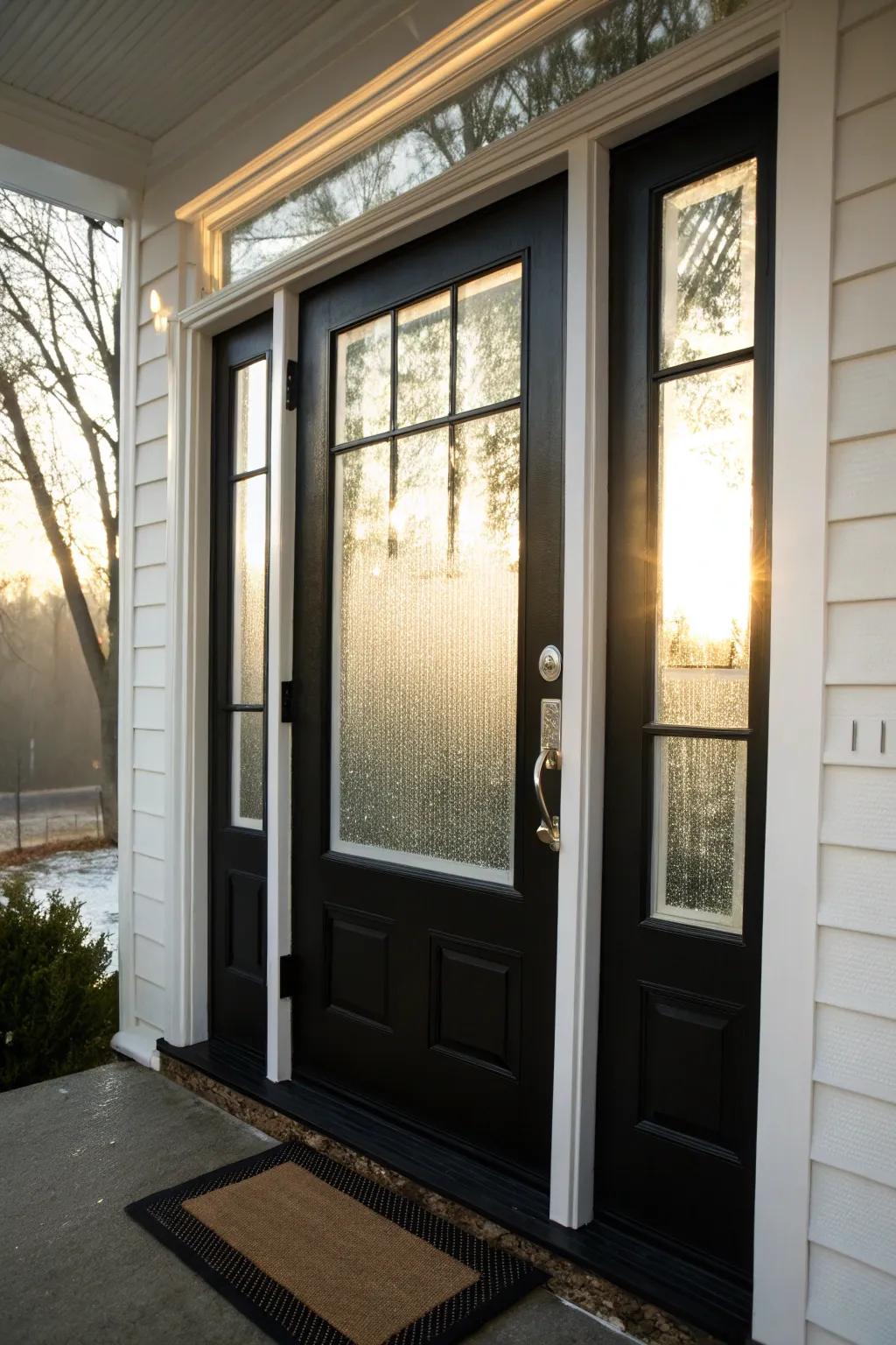 Frosted glass panels bring in light while preserving privacy with this elegant black and white door.