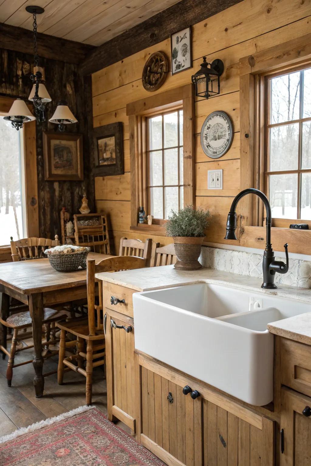 A black faucet enhances the rustic charm of this farmhouse-inspired kitchen.