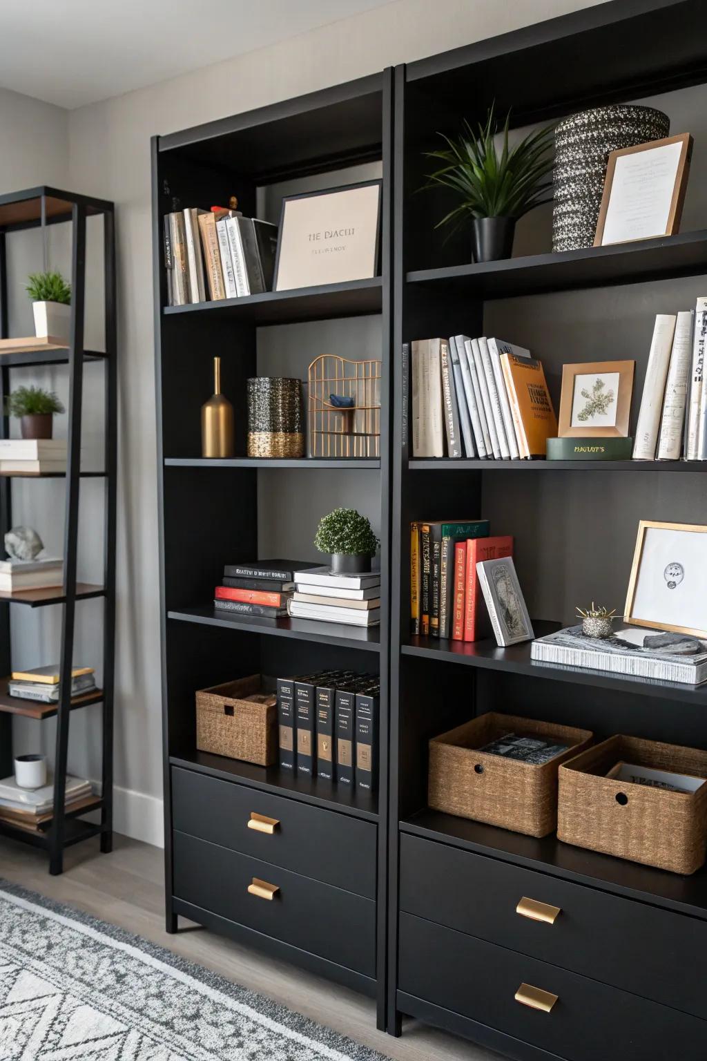 Open shelving adds both style and functionality to a black office space.