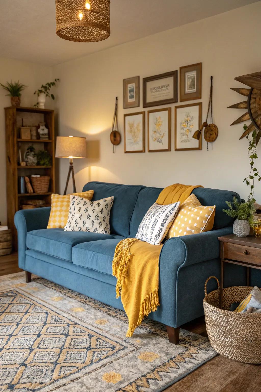 Mustard yellow accents add warmth to a blue couch setting.