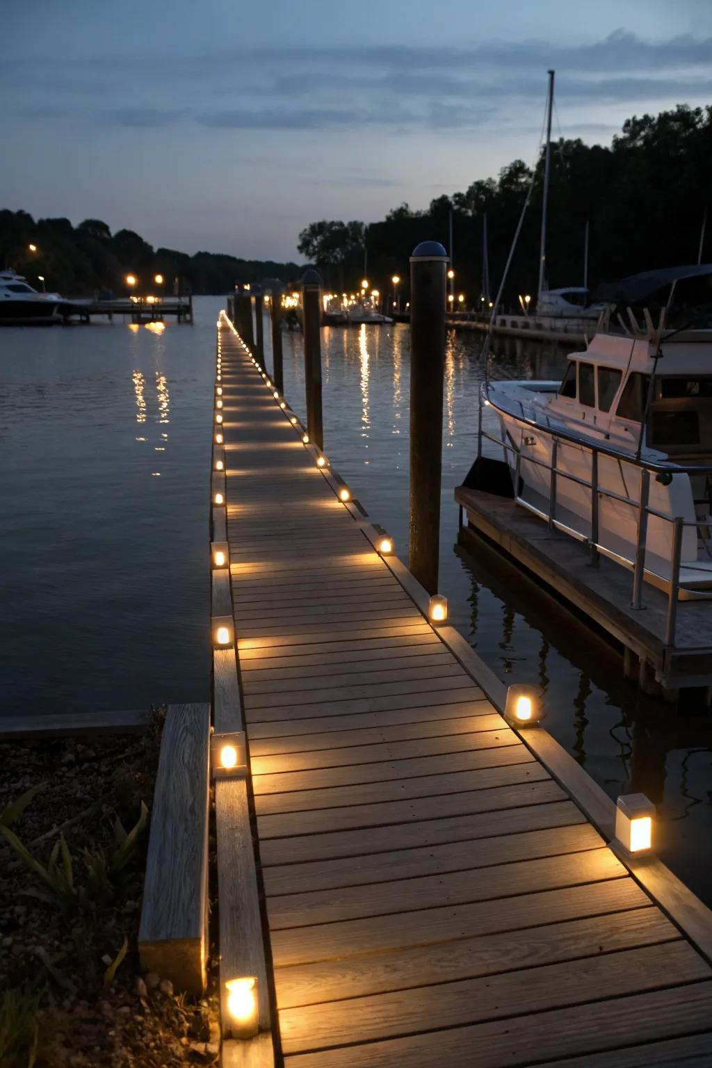 Pathway lights ensure safe navigation along the dock.