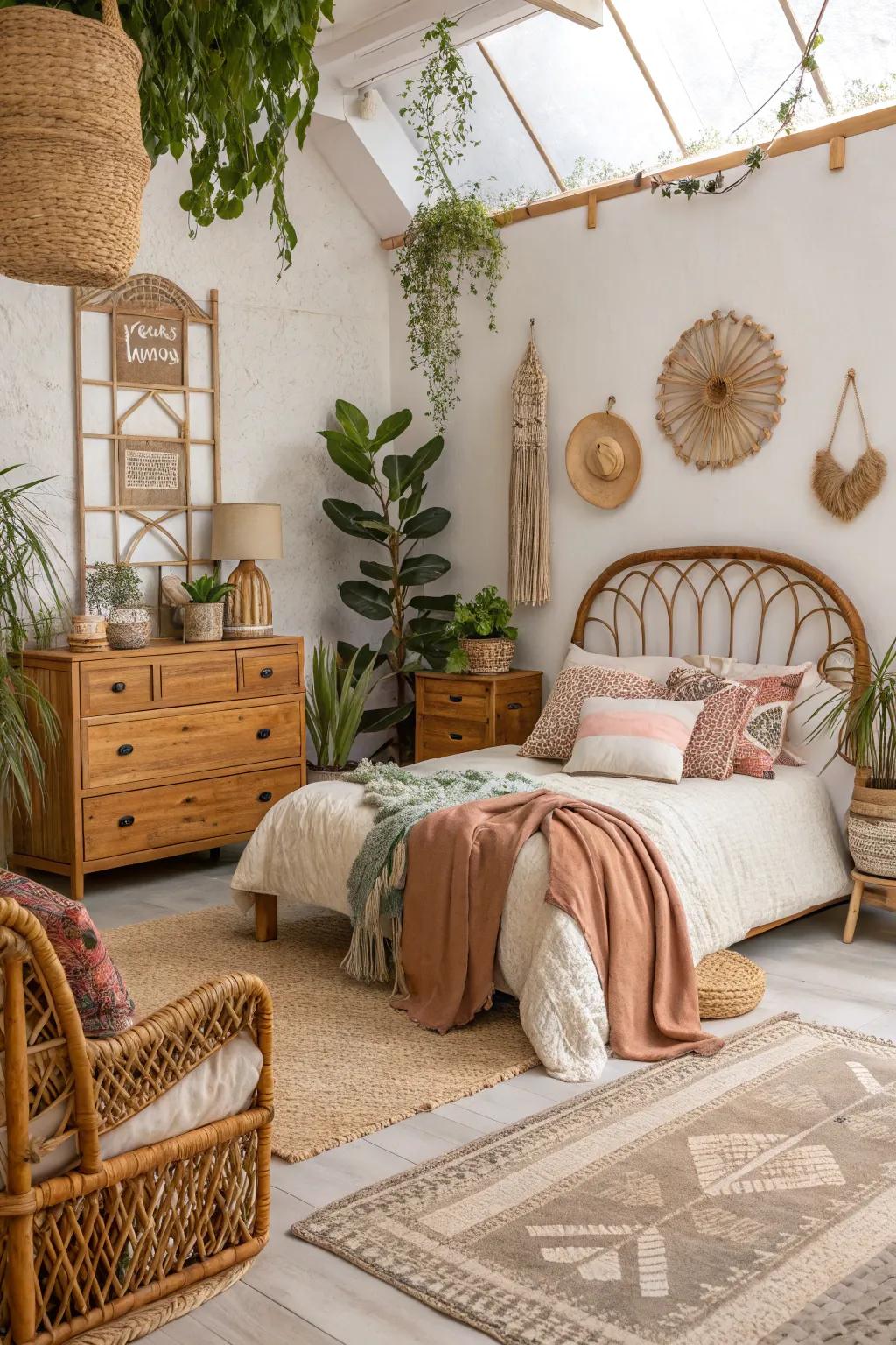 Wooden furniture and wicker accents bring warmth to this boho bedroom.