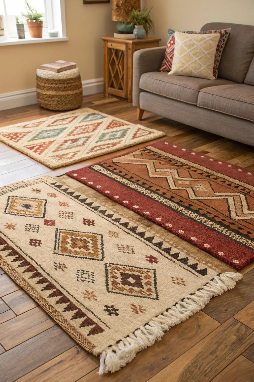 Layered rugs bring depth and comfort to a boho glam living room.