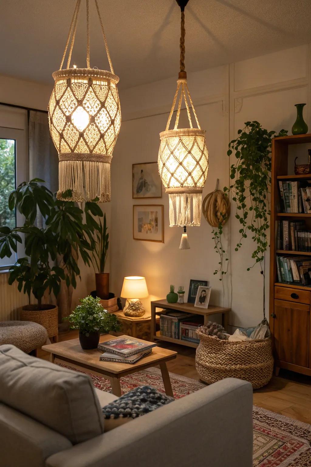 Macrame lanterns adding texture to a bohemian living room.