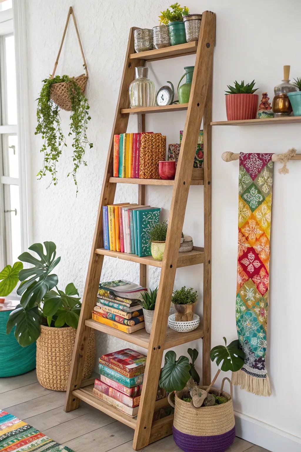 A ladder shelf offers stylish and open storage.