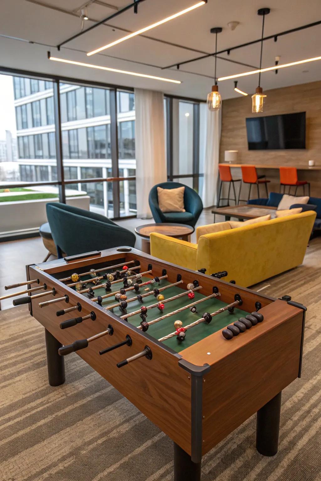 A lively game room with a foosball table ready for action.