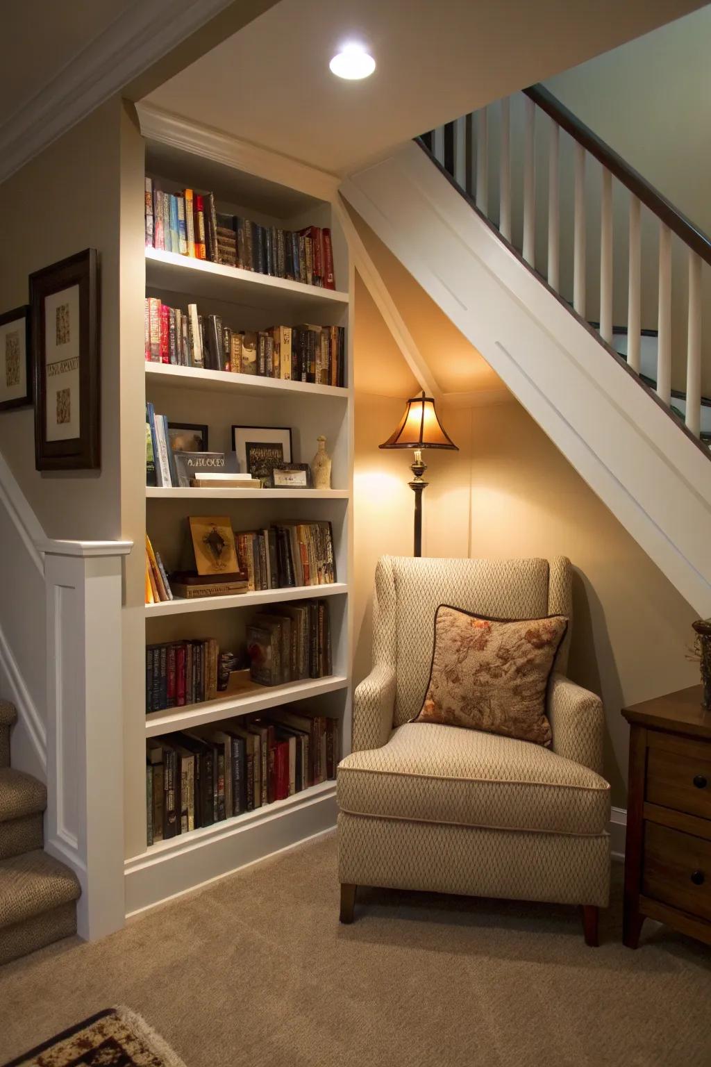 A hidden book nook under the stairs, perfect for quiet reading sessions.