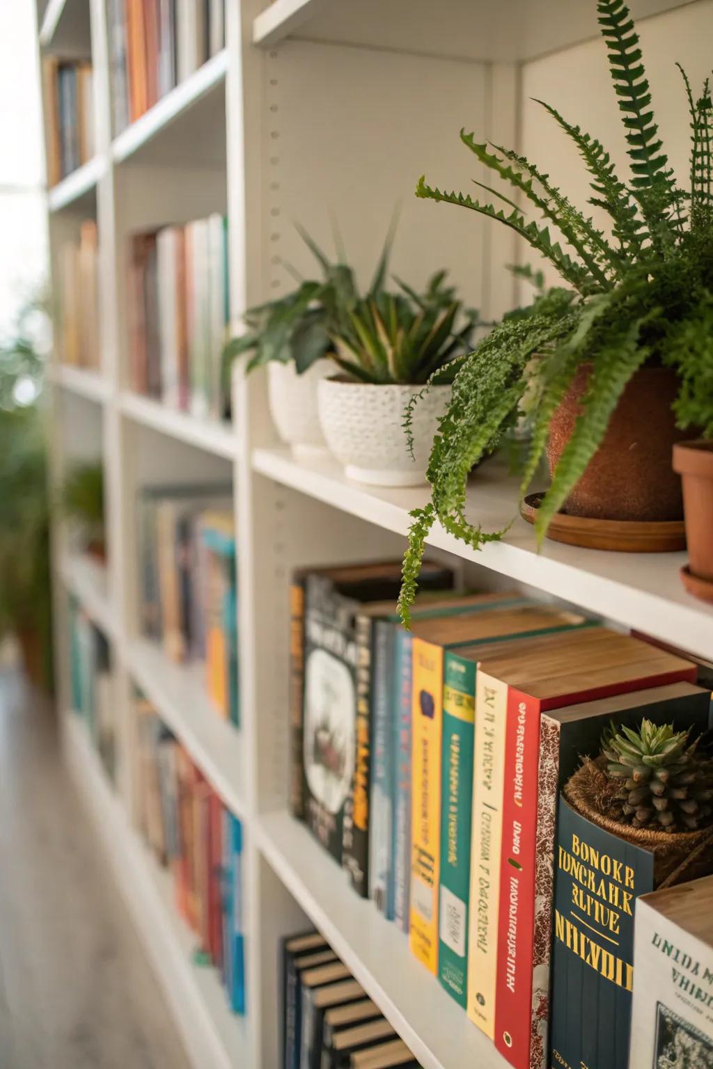 Bookshelves brought to life with the addition of small plants and greenery.