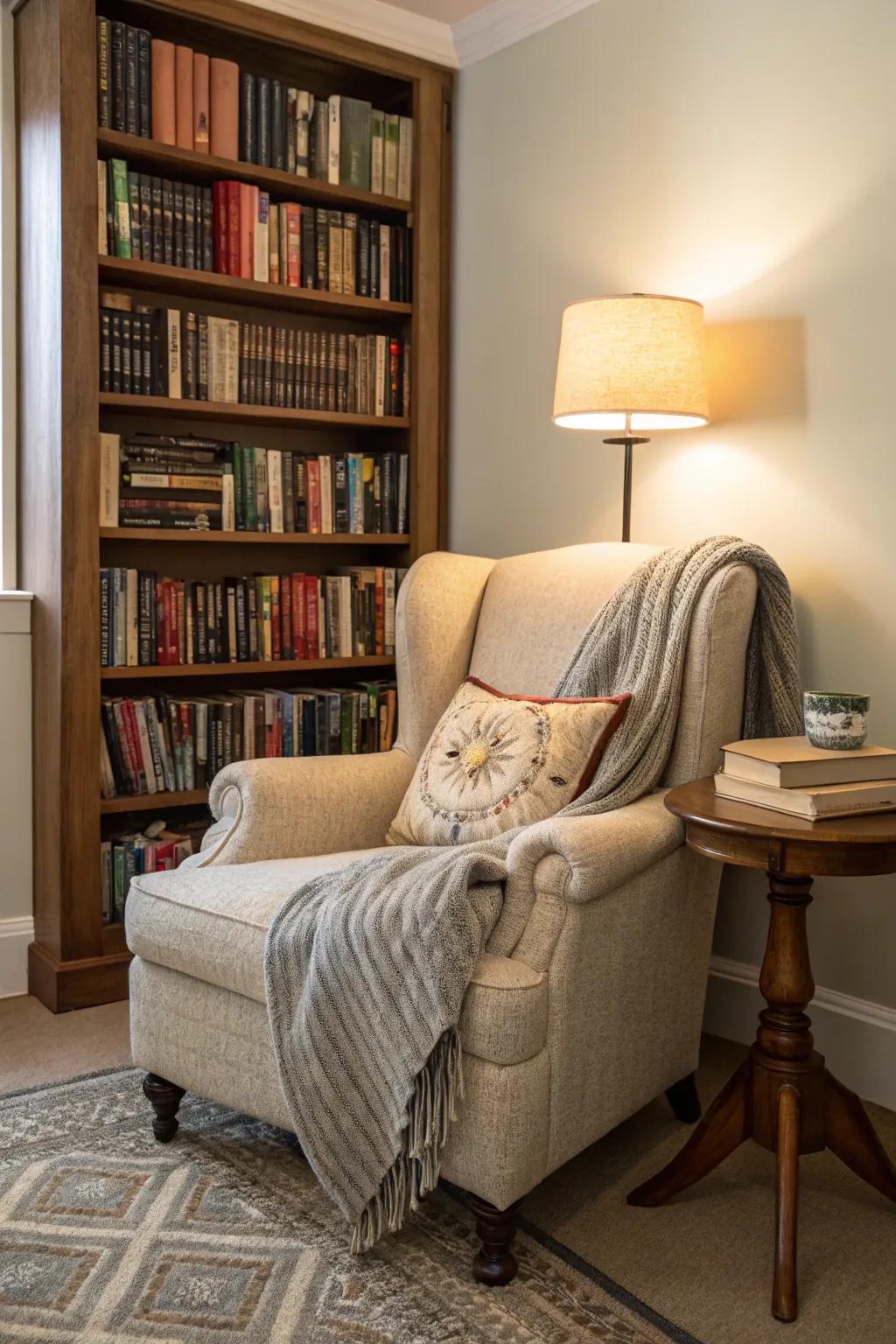 A cozy reading nook by the bookshelf wall.