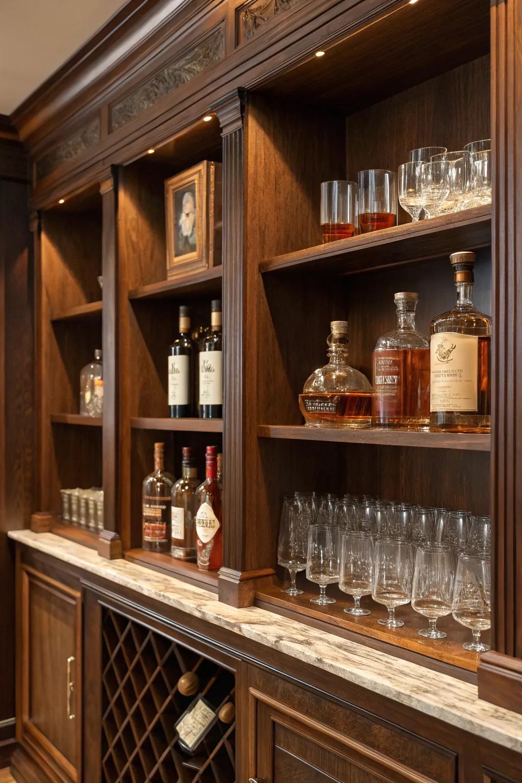 Dark wooden shelves elegantly display a bourbon collection.