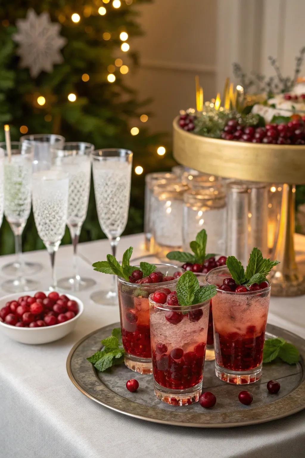 An elegant drink station with festive cocktails and garnishes.