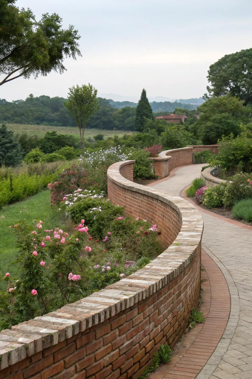 A graceful curved brick wall that adds movement to the garden.