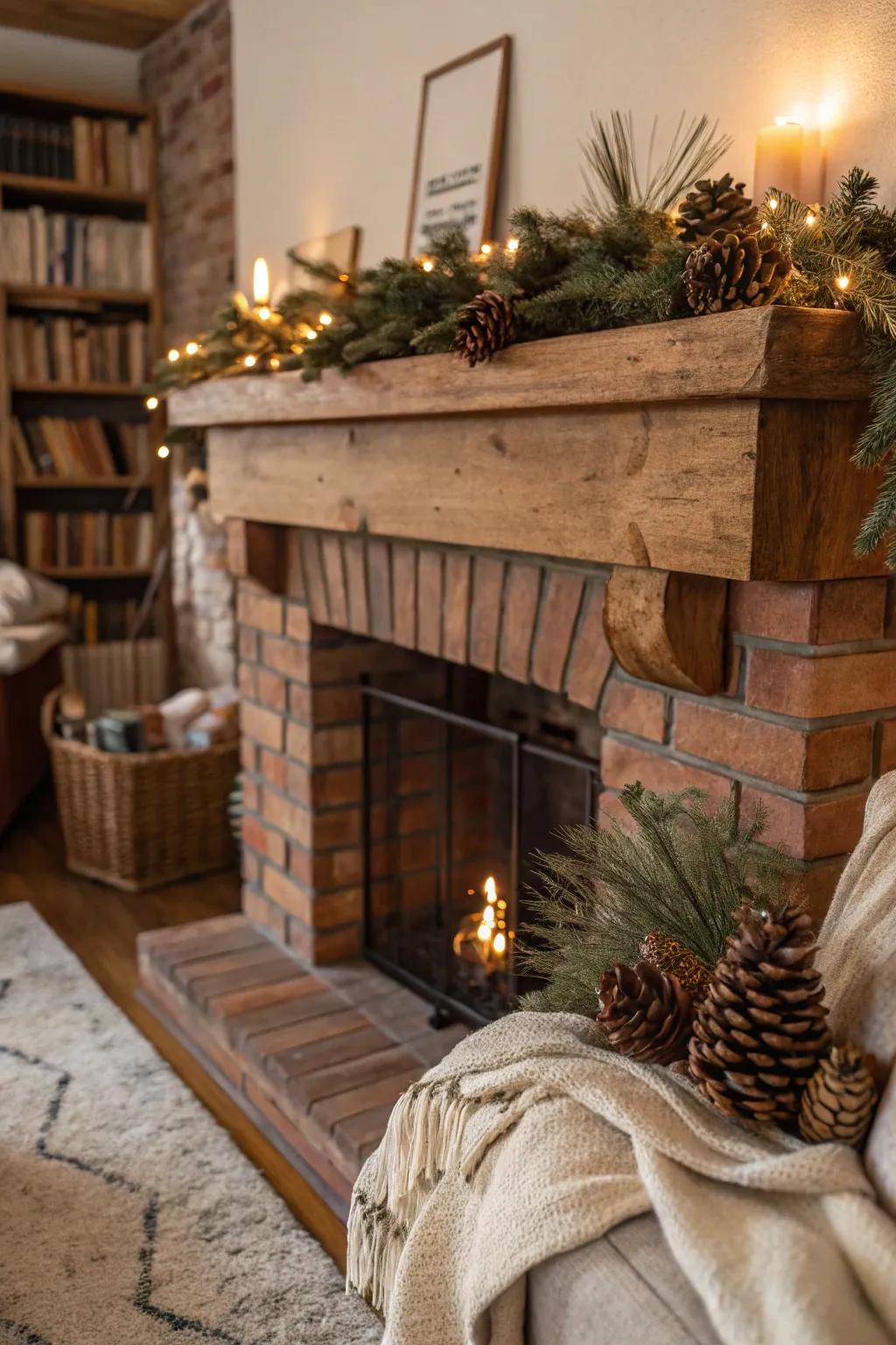 A rustic wood mantel adds character and warmth to your fireplace.