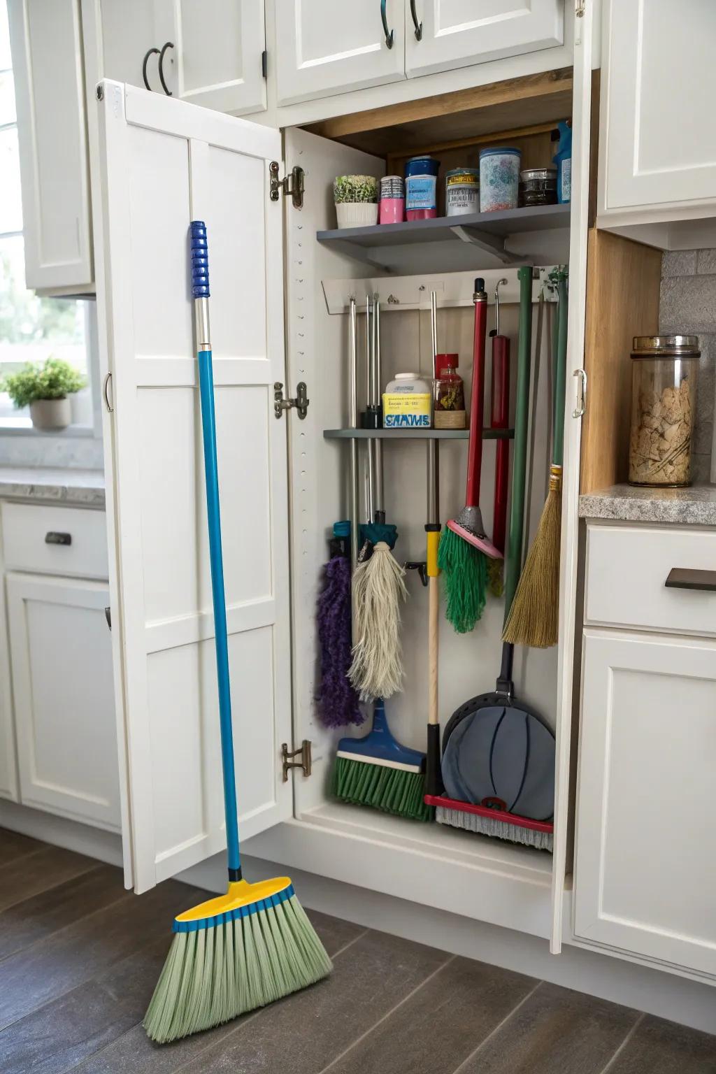 Cabinets can be customized to store cleaning tools efficiently.