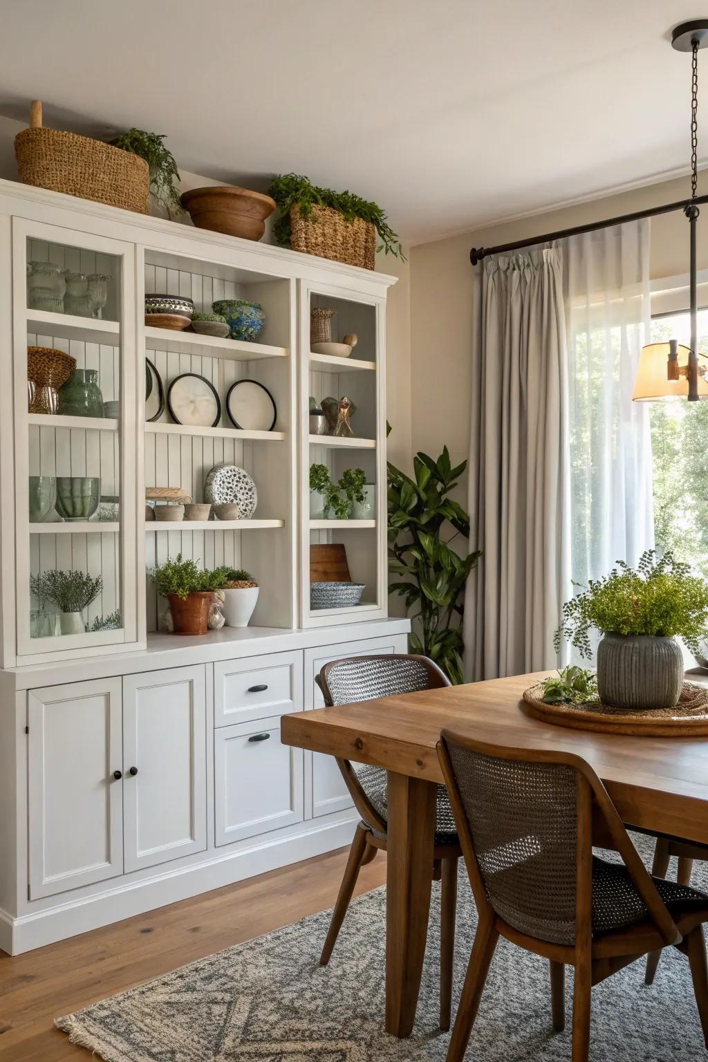 Open shelving paired with closed cabinets for a stylish and functional dining room.