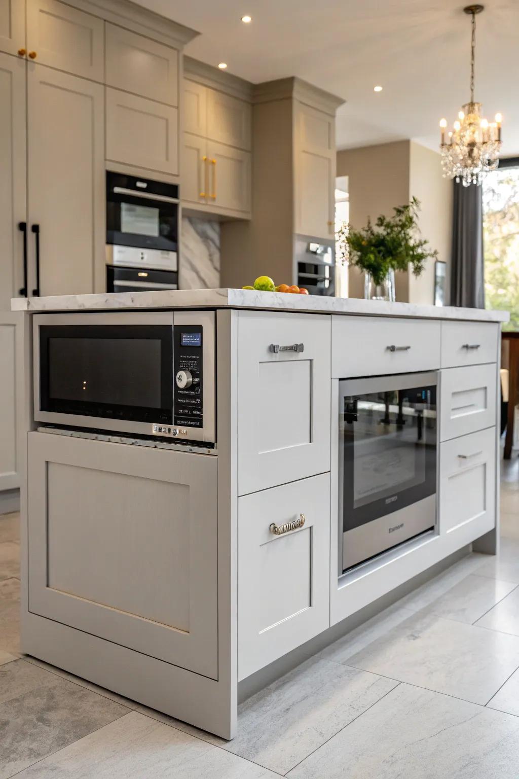 A sleek drawer microwave built into a kitchen island.