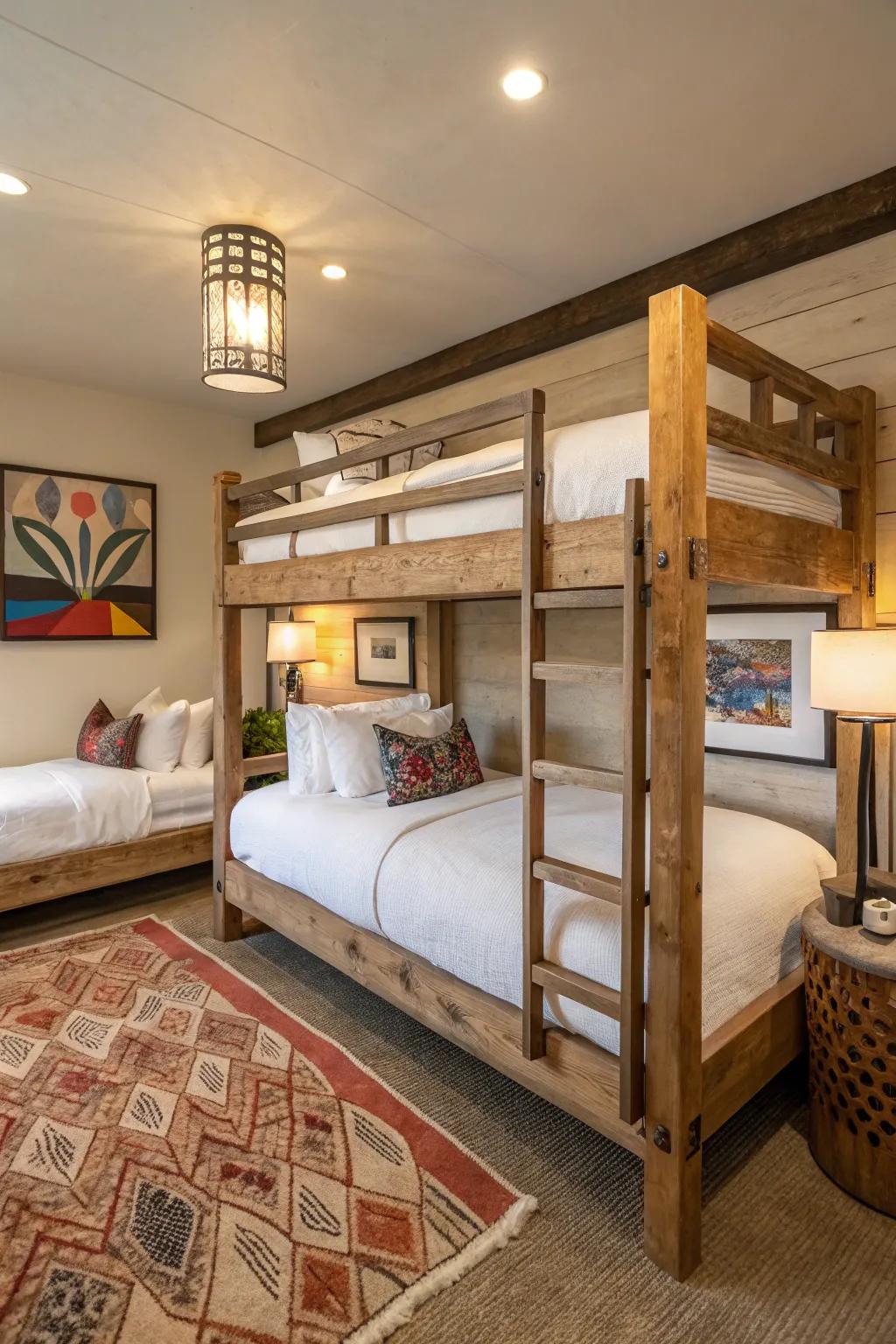 A harmonious blend of rustic charm and modern elegance in a bunk room.