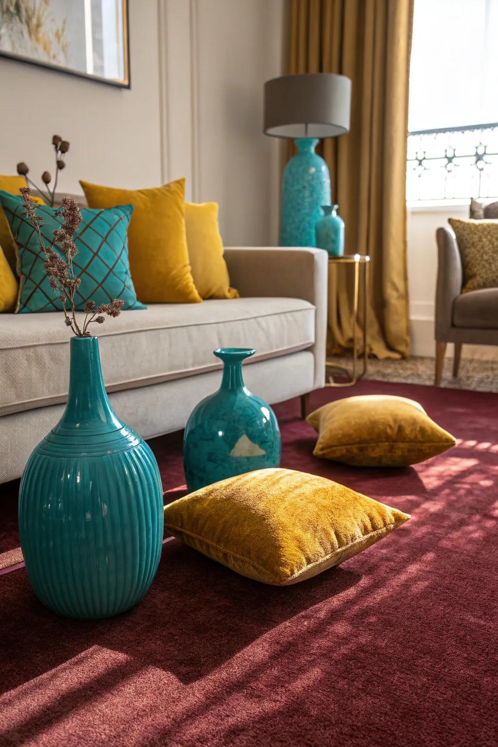 Bold accent colors like teal and mustard create a dynamic contrast with the burgundy carpet.