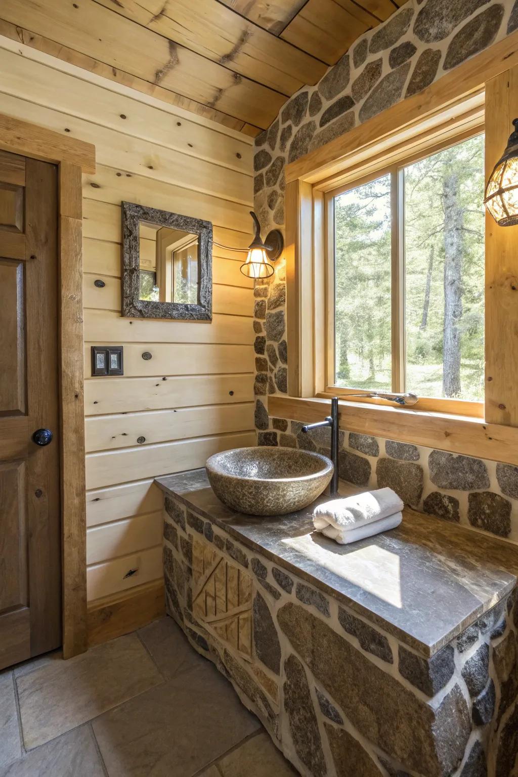 A cabin bathroom with elegant stone details.