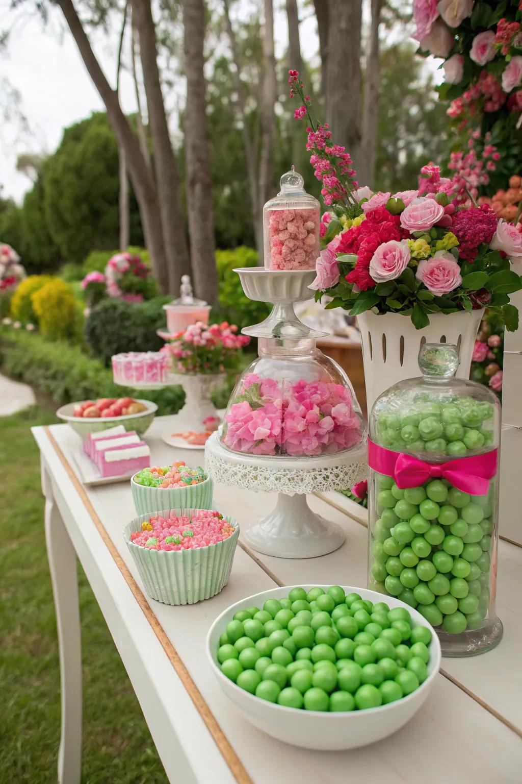 A garden-themed candy table full of charm and sweetness