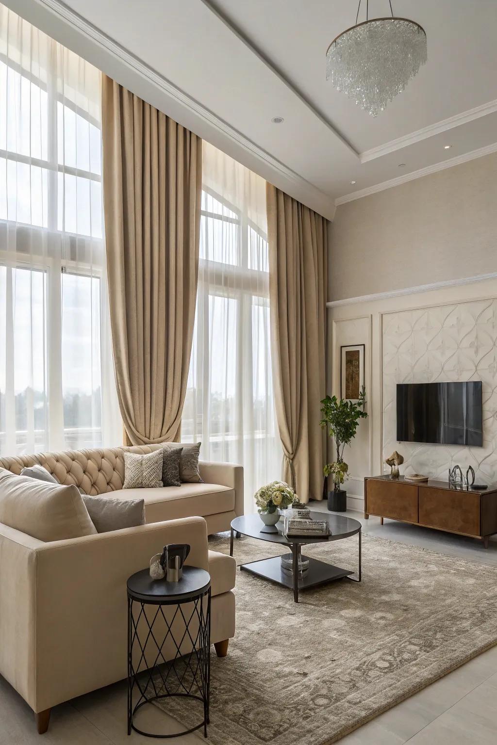 Floor-to-ceiling curtains creating a dramatic effect