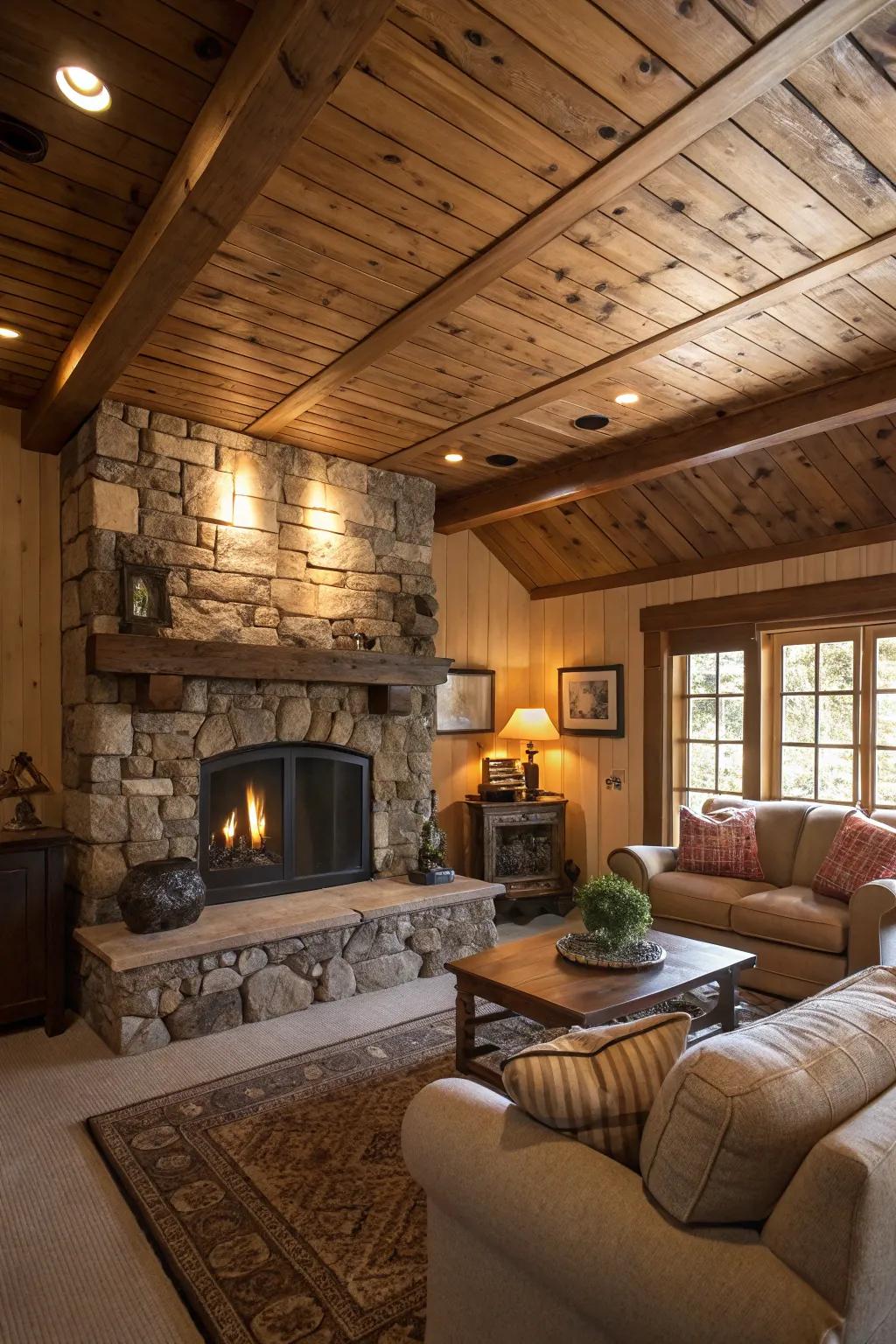 A rustic living room featuring wooden ceiling tiles for added warmth.