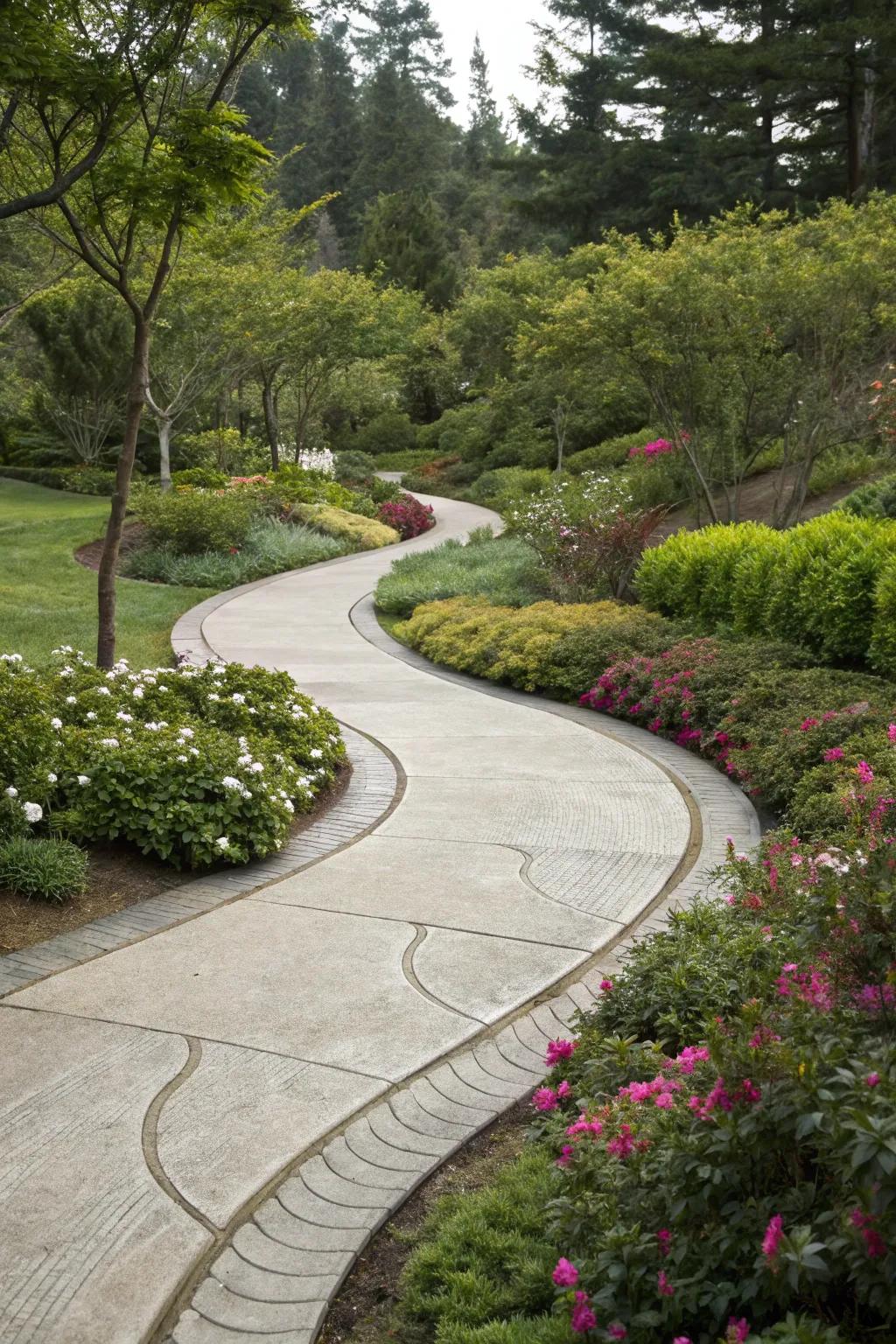 Curved cement walkway that adds a playful touch to garden paths.