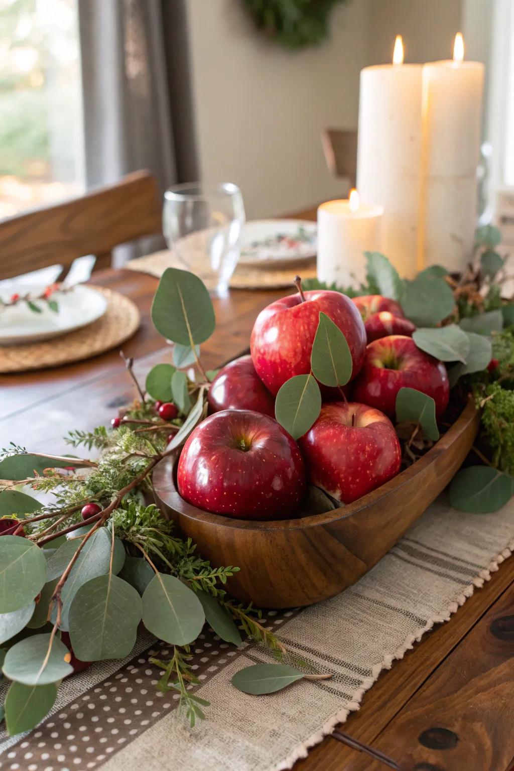 Fruits and greenery create a fresh, rustic centerpiece.