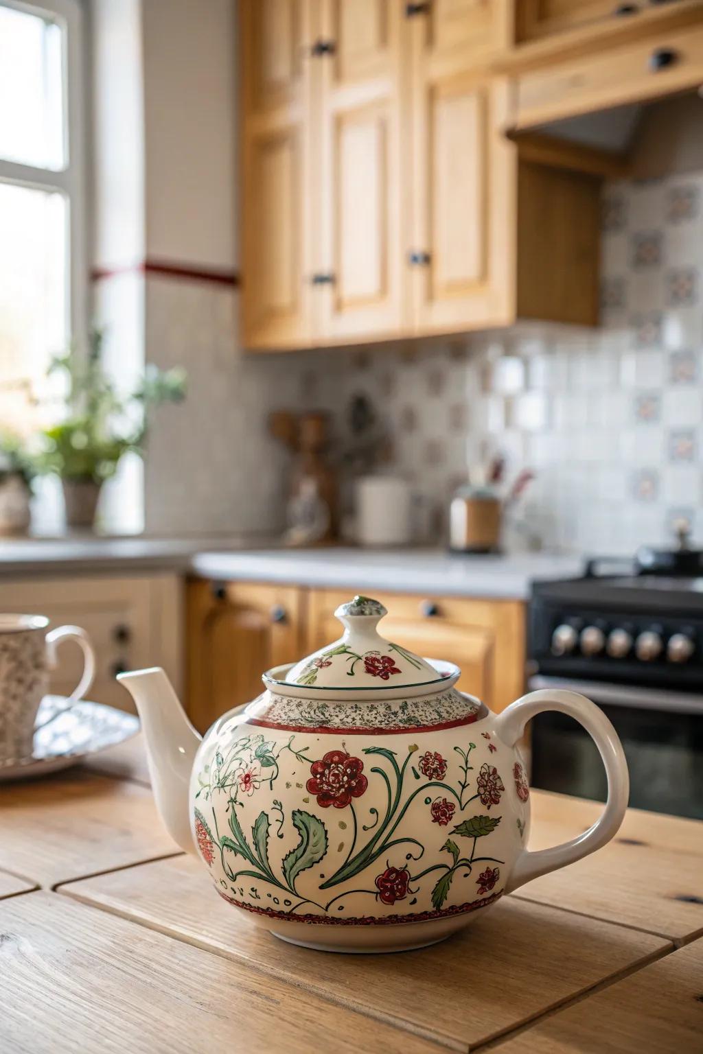 Intricate floral patterns make this ceramic teapot a timeless treasure.