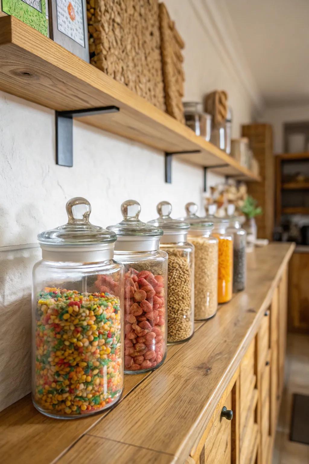 Glass jars add elegance and allow for easy cereal rotation.