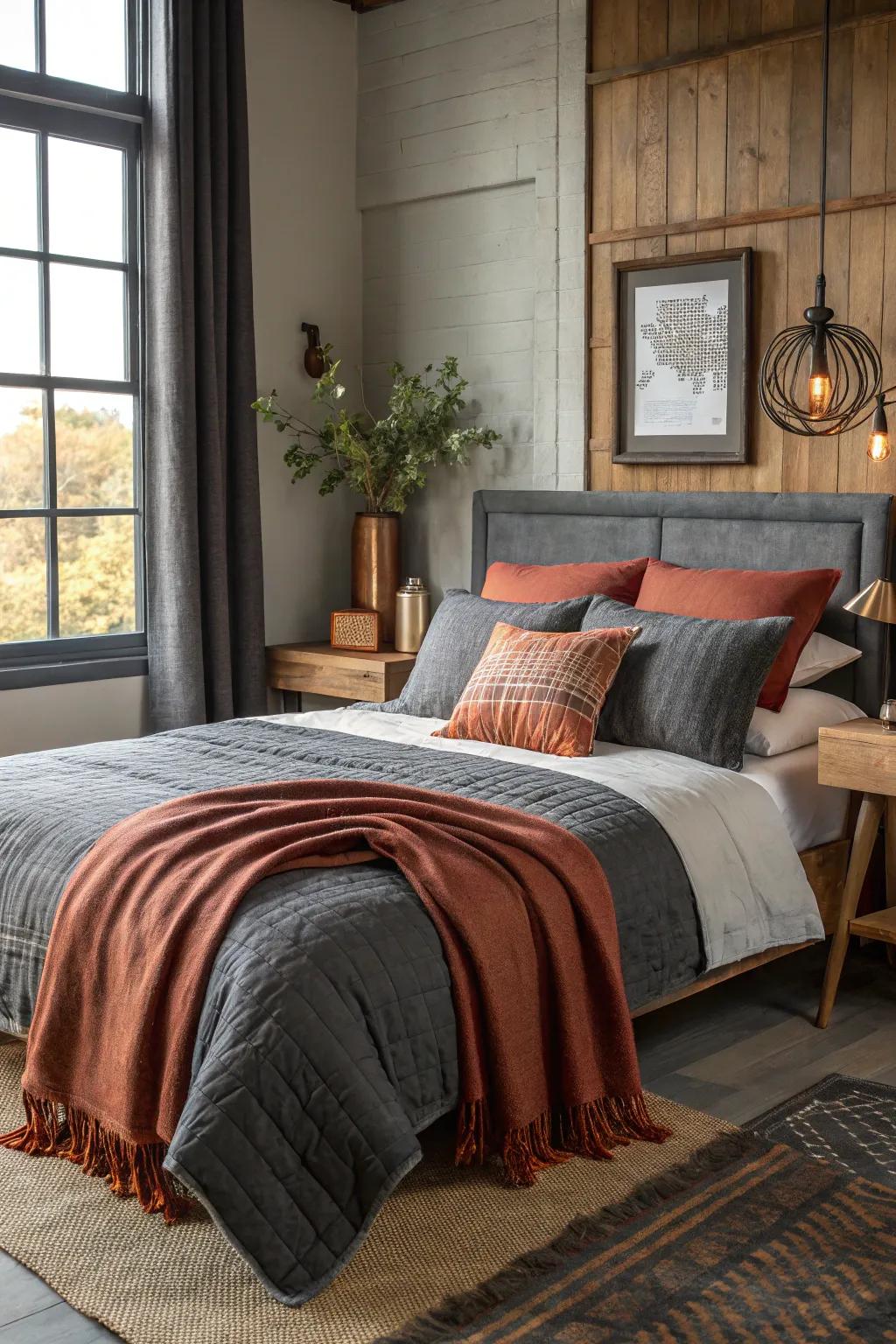 Create a cozy atmosphere with layered textiles in charcoal hues.