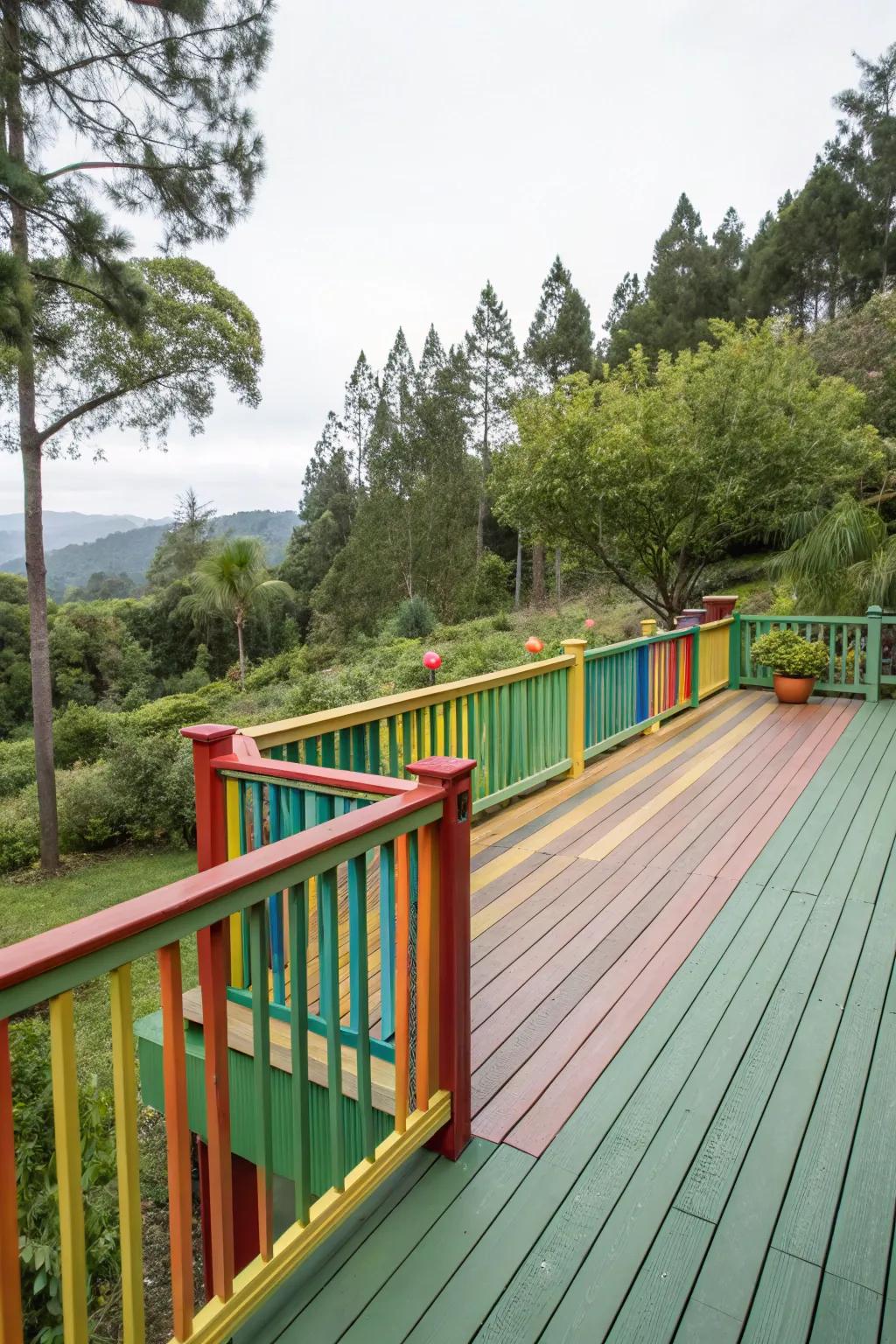 Wooden railings painted in bold colors bring character to your deck.