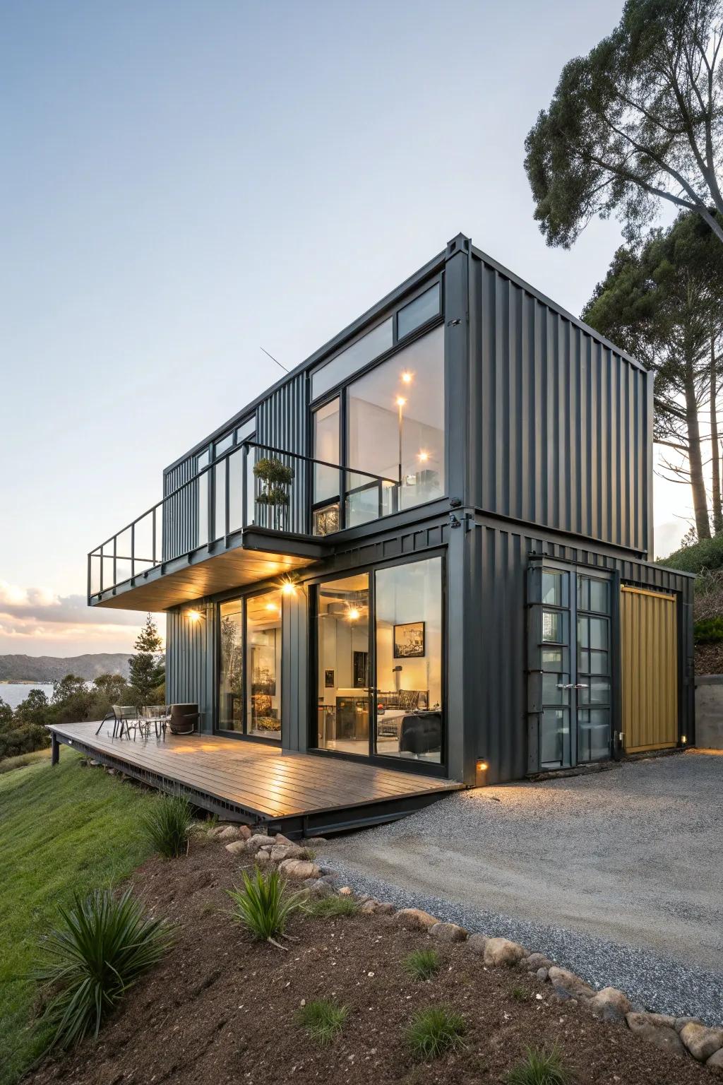 Sleek shipping container home with a modern industrial design.