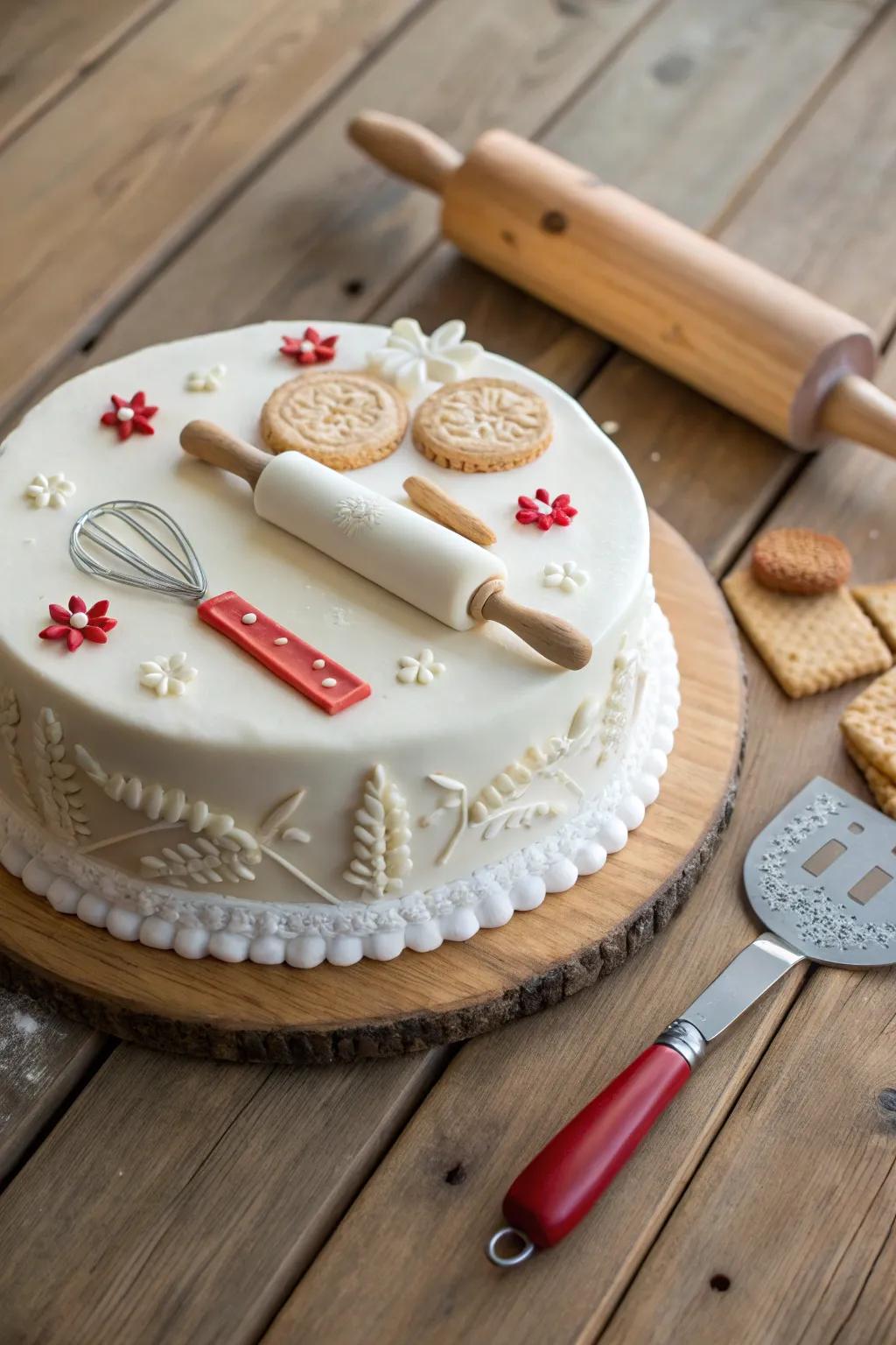 A cake adorned with charming fondant miniatures of culinary tools.