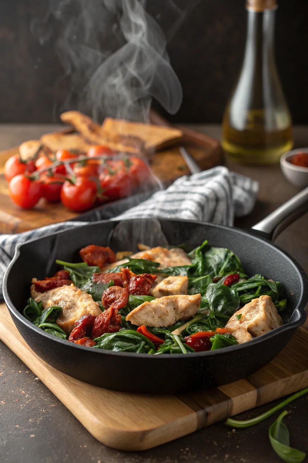 One-pan chicken, spinach, and sundried tomatoes for an easy meal.