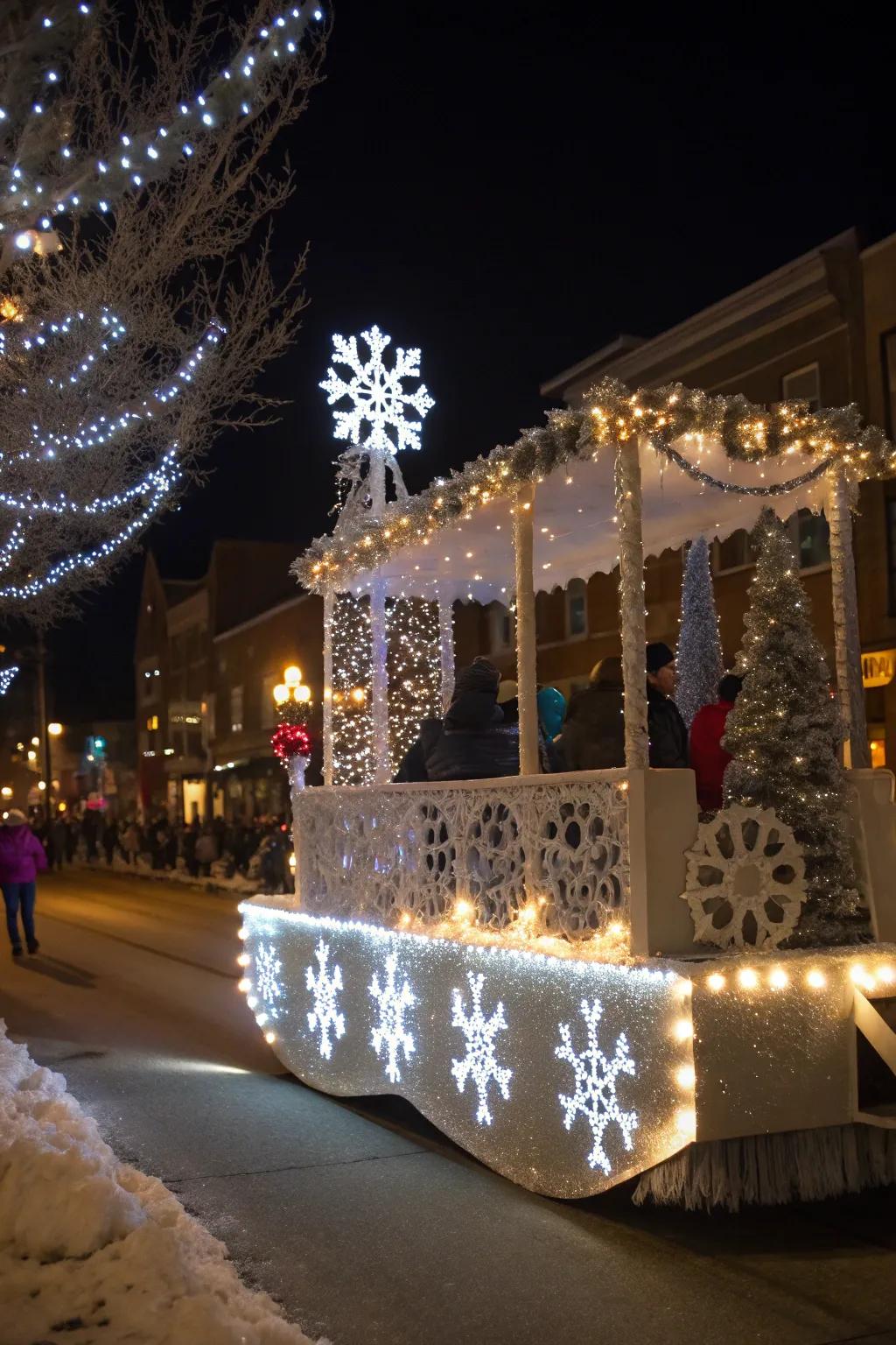 A serene Winter Wonderland float with enchanting snowflake decorations.