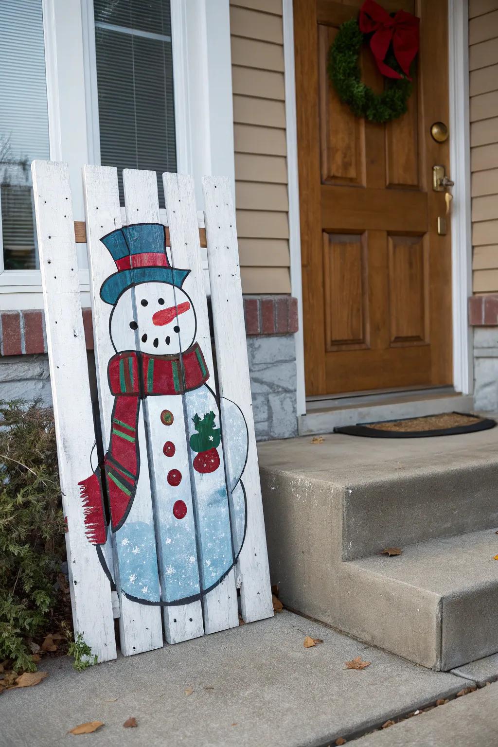 Bring cheer to your entrance with a snowman pallet.