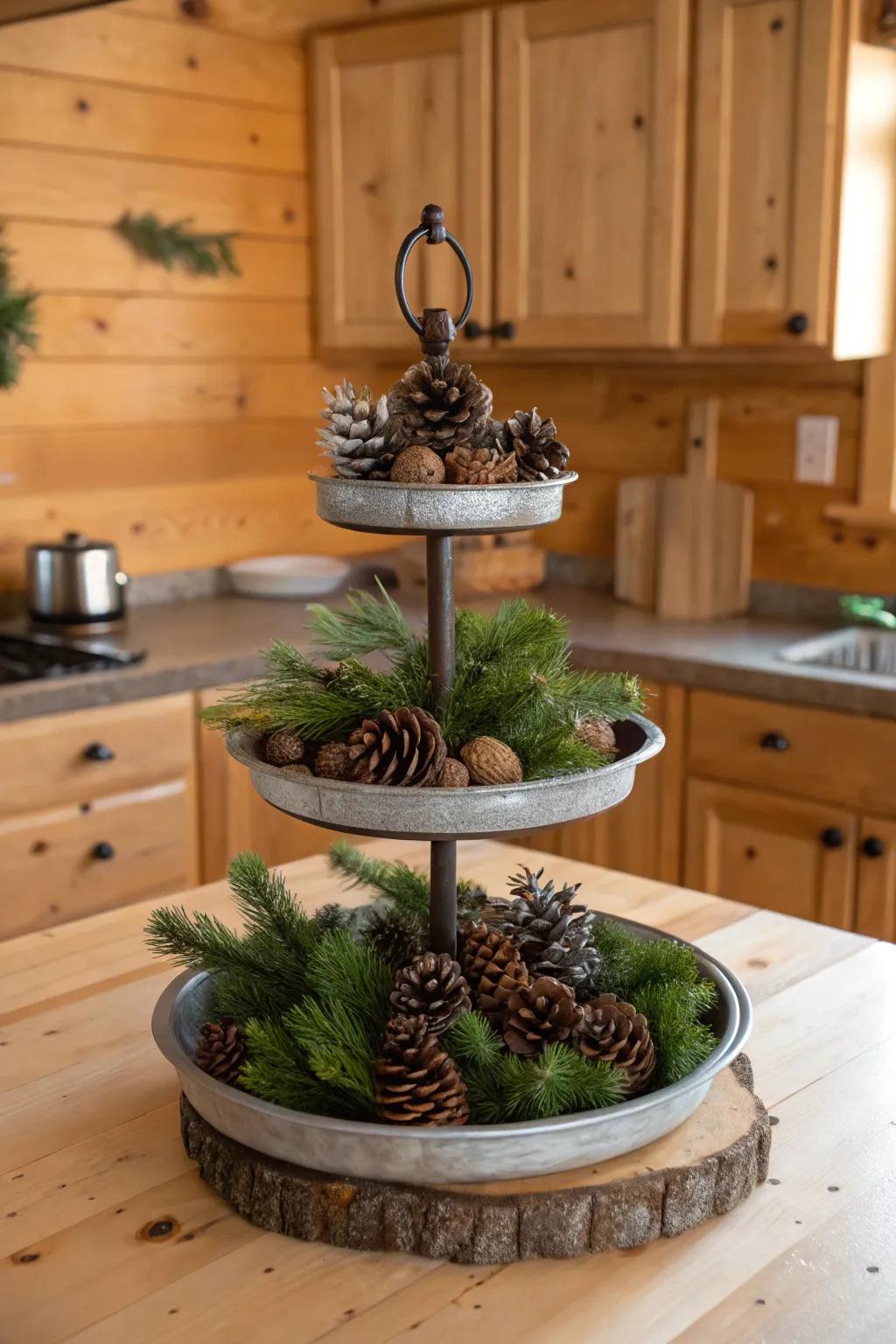 Rustic elegance with pinecones and greenery on a tiered tray.