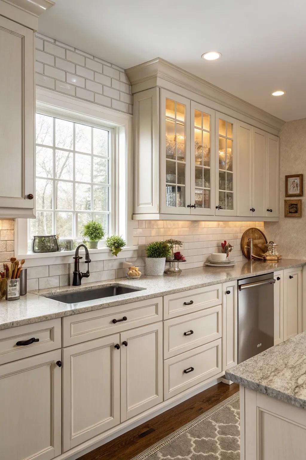 Neutral tones create a serene and timeless kitchen backdrop.