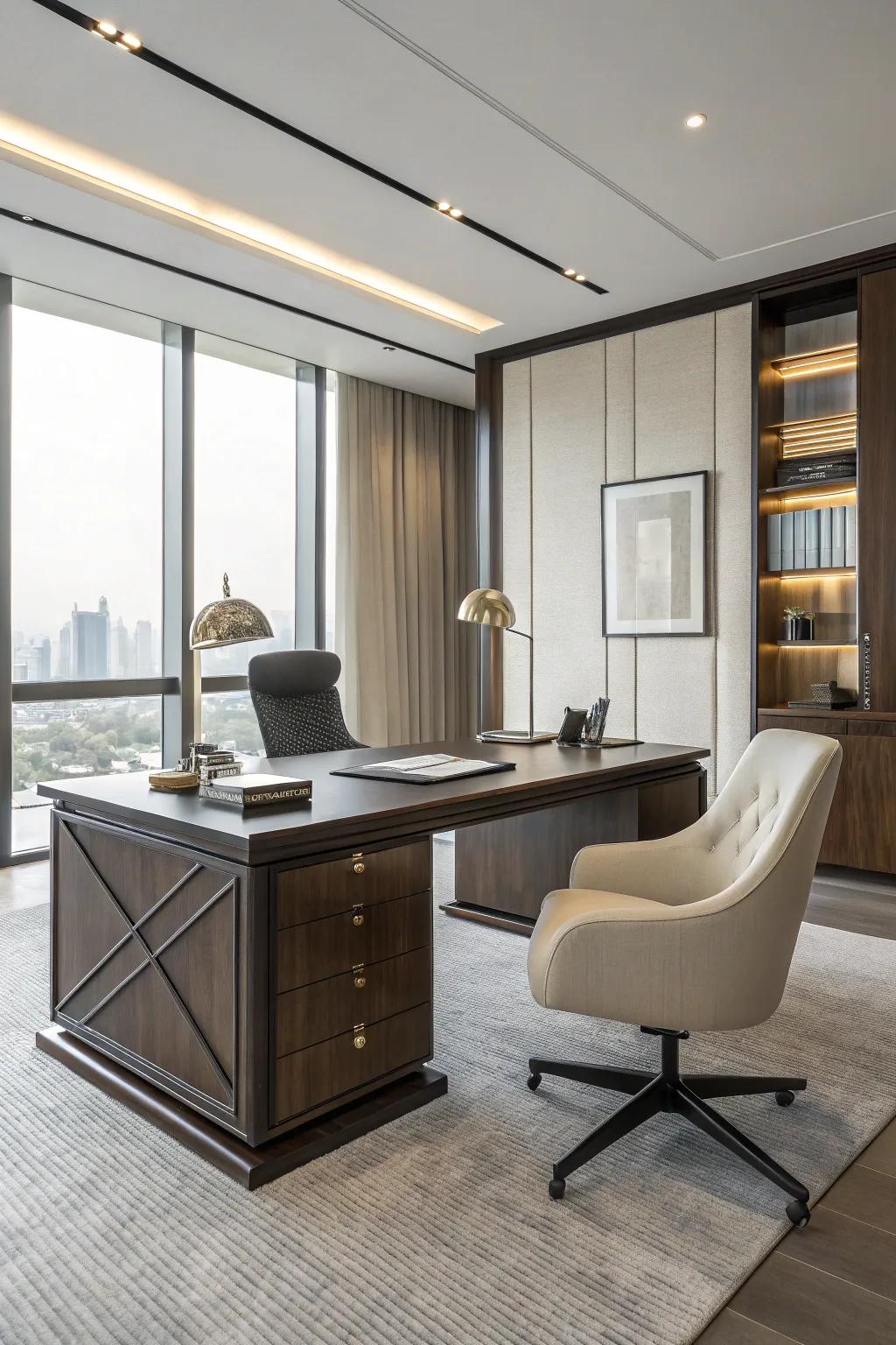 A statement desk in dark wood becomes the focal point of a classy office.