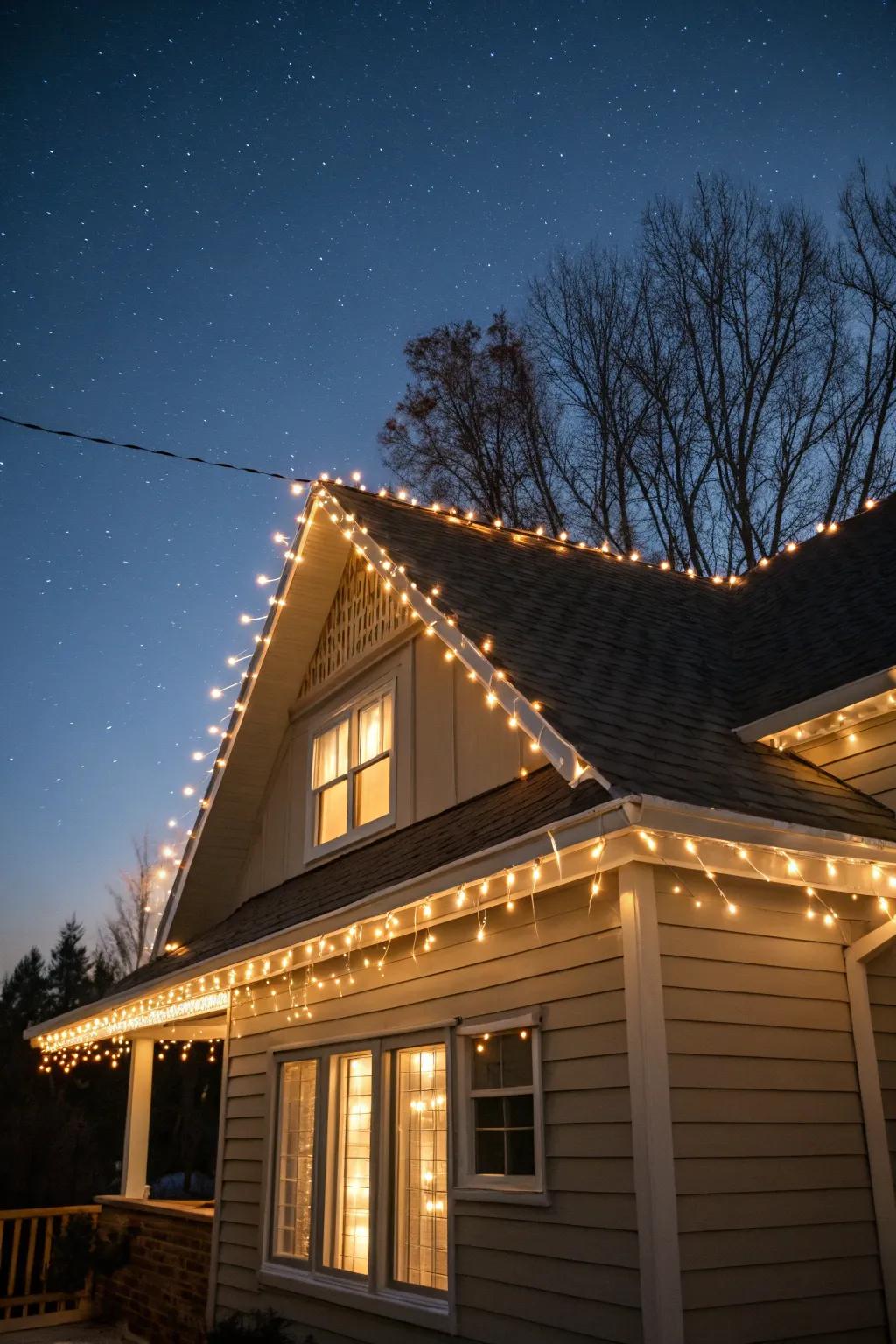 A home's roof elegantly outlined with string lights.