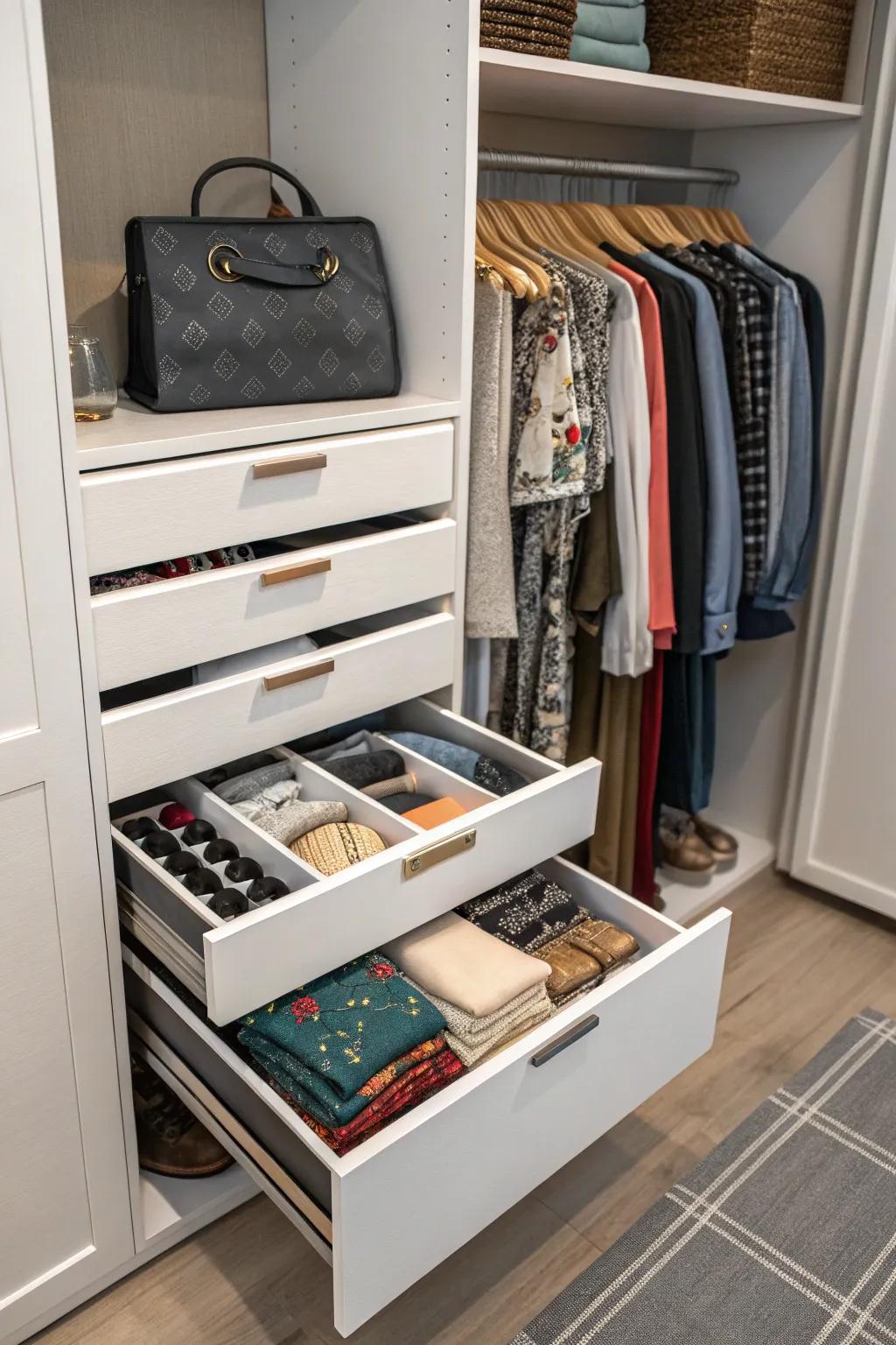 Drawer units keep small items organized and out of sight.