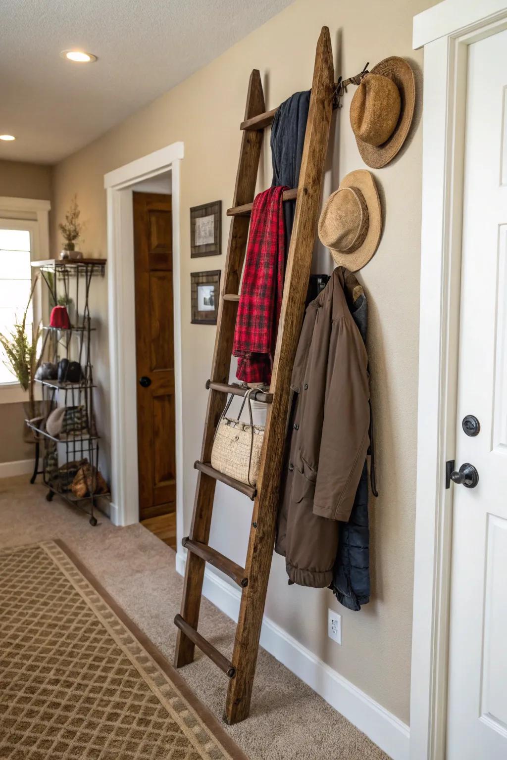 A repurposed wooden ladder serving as a unique coat rack in a cozy hallway.