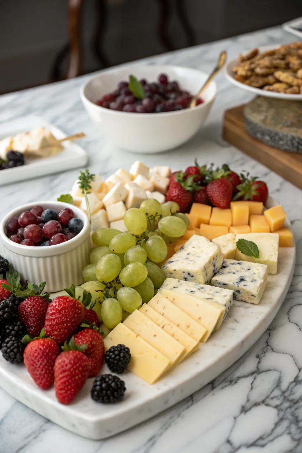 A beautifully arranged cheese and fruit platter to enhance your coffee hour.