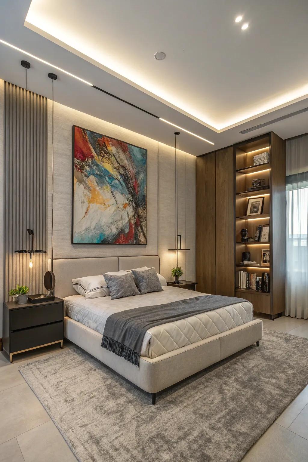 Contemporary art adds a unique flair to this modern bedroom.