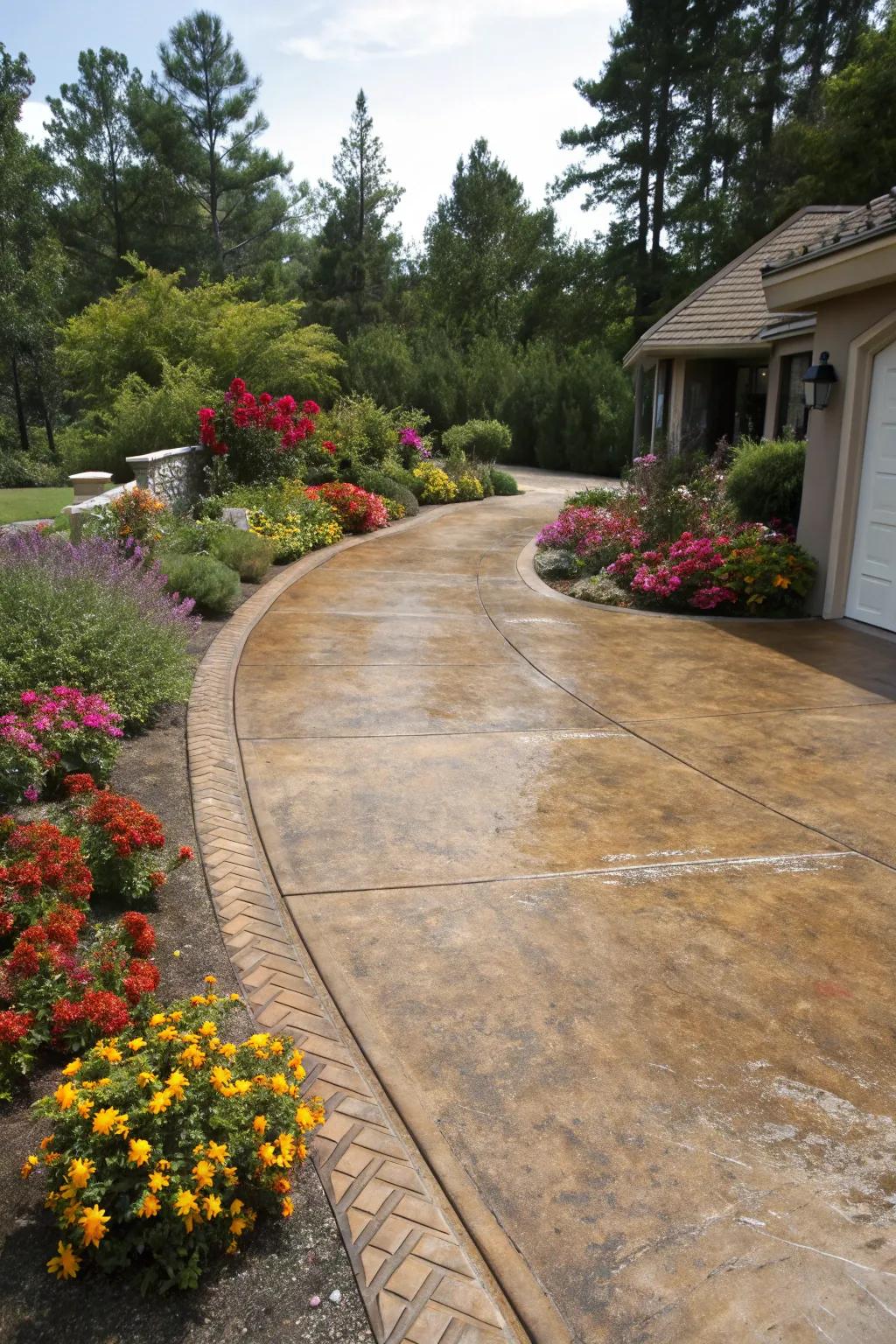 A stained concrete driveway that adds warmth and depth to the home's exterior.